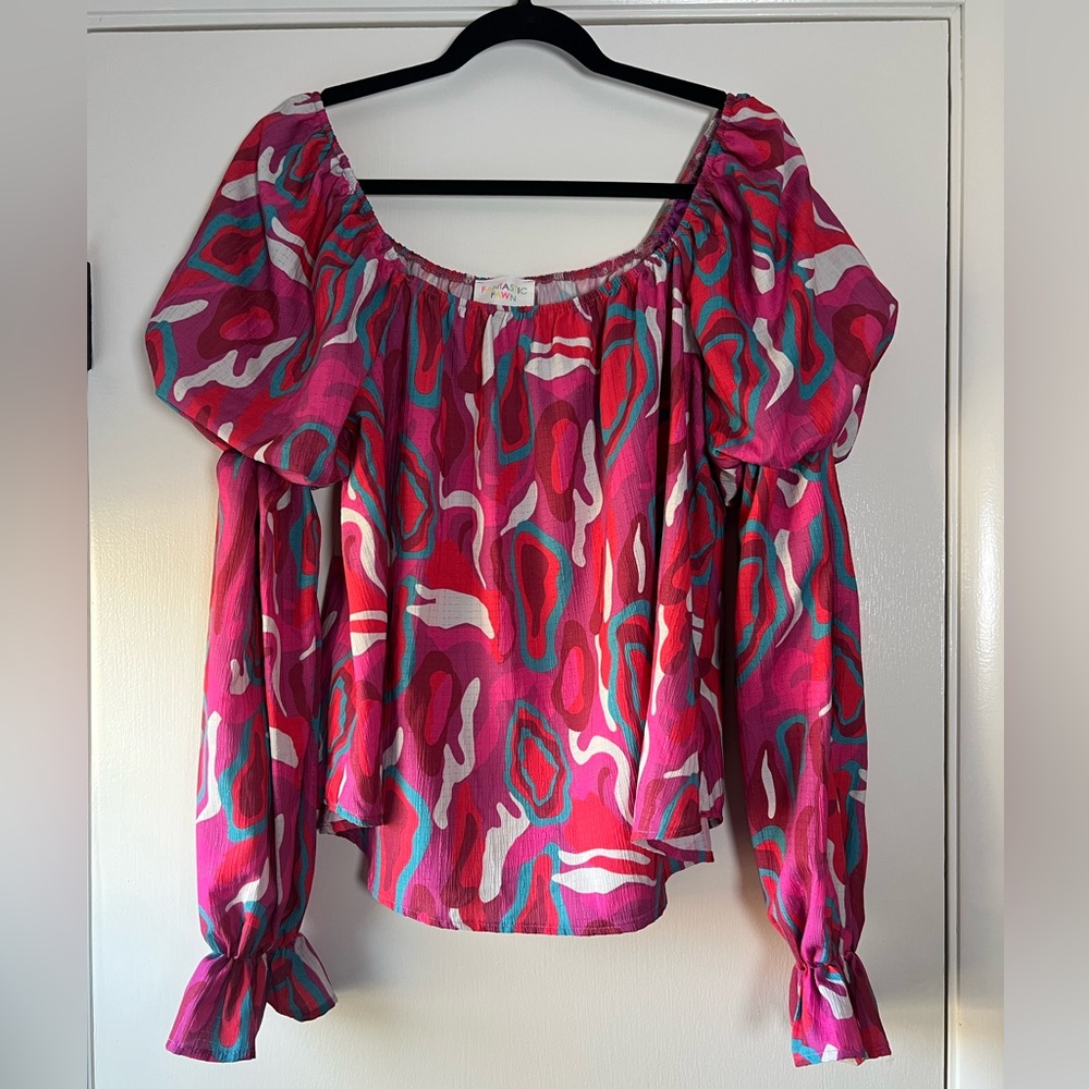 Fantastic Fawn Gathered Puff Sleeve Multi Color Blouse Pink White Teal Medium - Picture 4 of 10